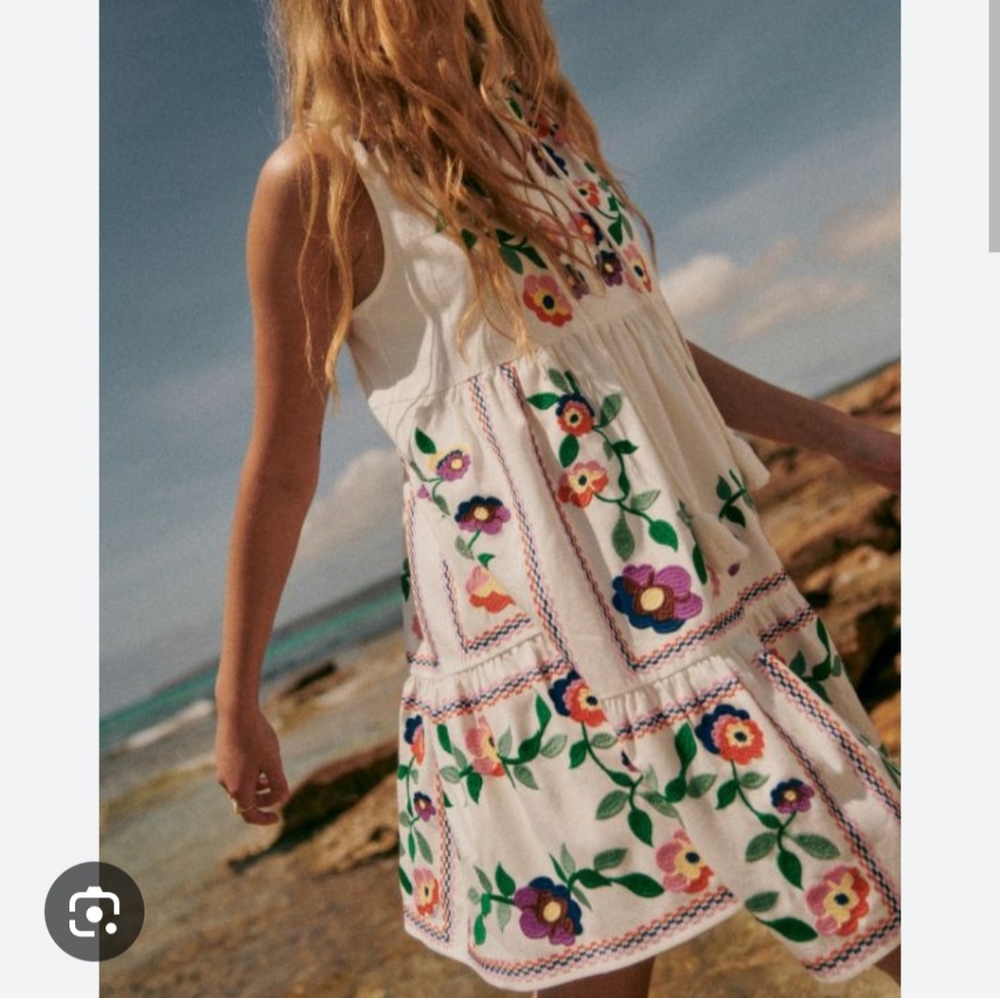 Sezane White Tiered Dress with Multicolor Floral Embroidery